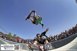 Tony hawk, Andy Macdonald, and other professional skateboarders at the ann arbor skatepark grand opening in ann arbor, michigan